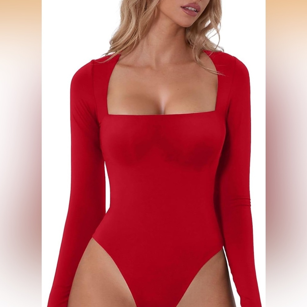 Womens Sexy Square Neck Bodysuit Long Sleeve Double Lined Shirt Tops NWT Size M